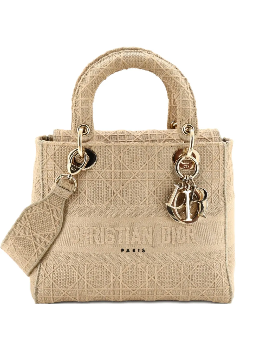Pre-owned Dior Lady D-lite Bag Cannage Embroidered Canvas Medium Satchel In Neutral