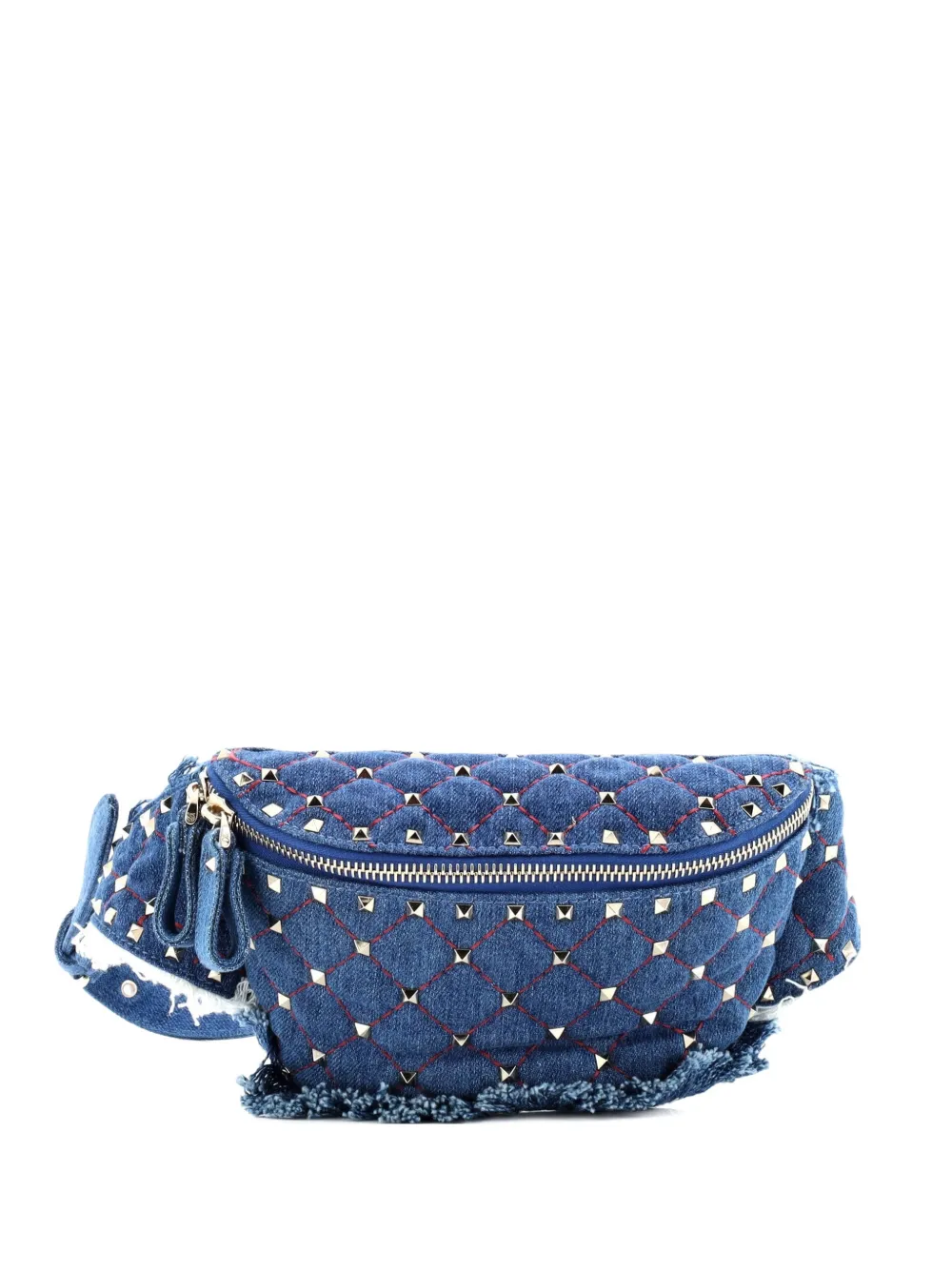 Pre-owned Valentino Garavani Rockstud Spike Quilted Denim Belt Bag In Blue