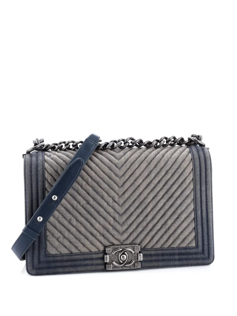 Pre-owned Chanel Boy Flap Bag Chevron Denim New Medium Shoulder Bag In Blue