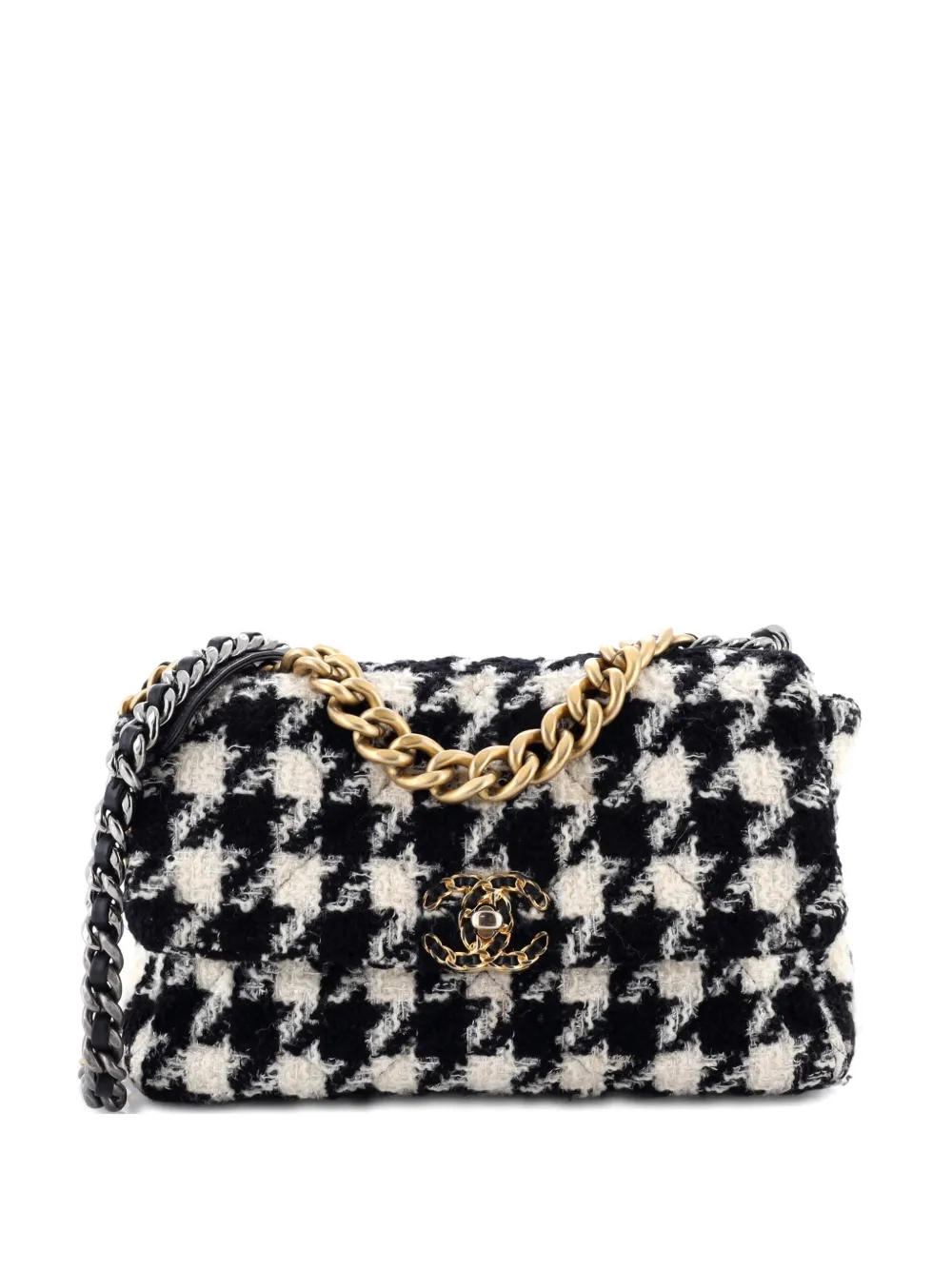 Pre-owned Chanel 19 Flap Bag Quilted Houndstooth Tweed And Ribbon Large Crossbody Bag In Black