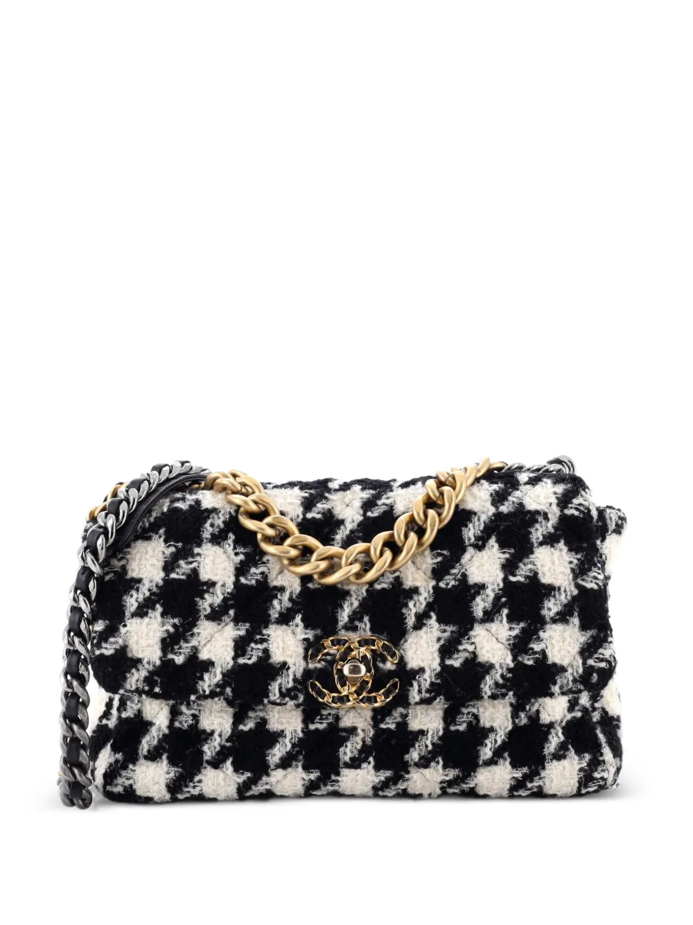 CHANEL Pre-Owned 19 Flap Bag Quilted Houndstooth Tweed and Ribbon Large crossbody bag - Nero