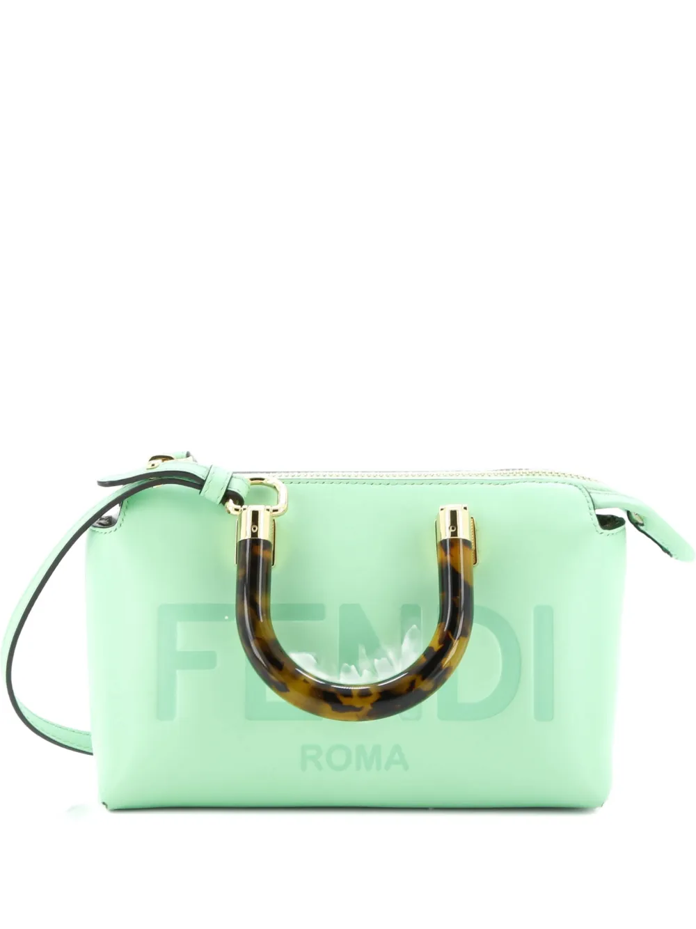 Pre-owned Fendi Logo By The Way Top Handle Bag Embossed Leather Mini Crossbody Bag In Green