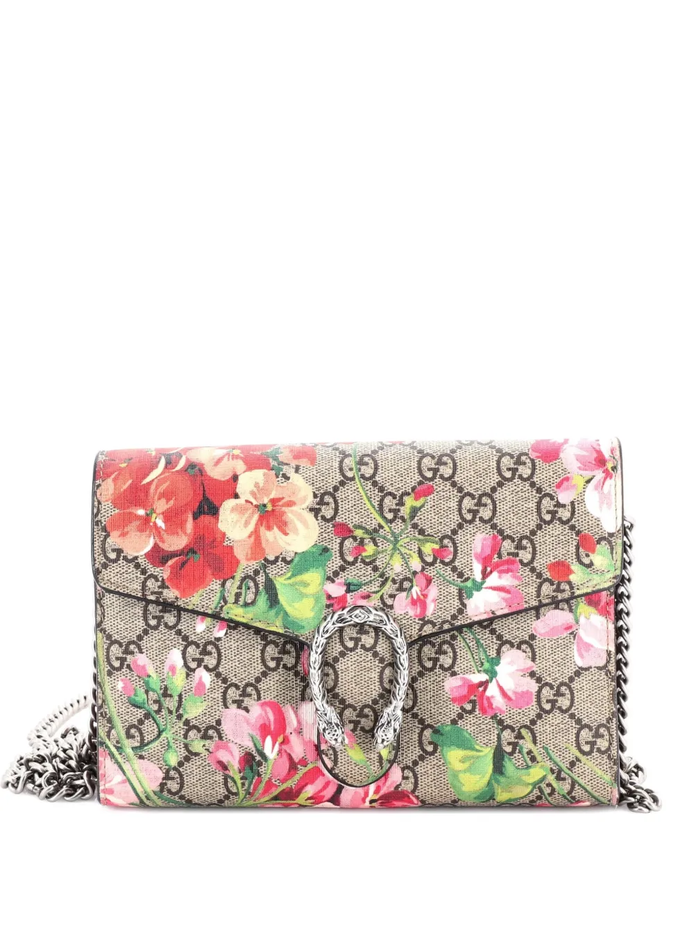 Pre-owned Gucci Dionysus Chain Wallet Blooms Print Gg Coated Canvas Small Crossbody Bag In Brown