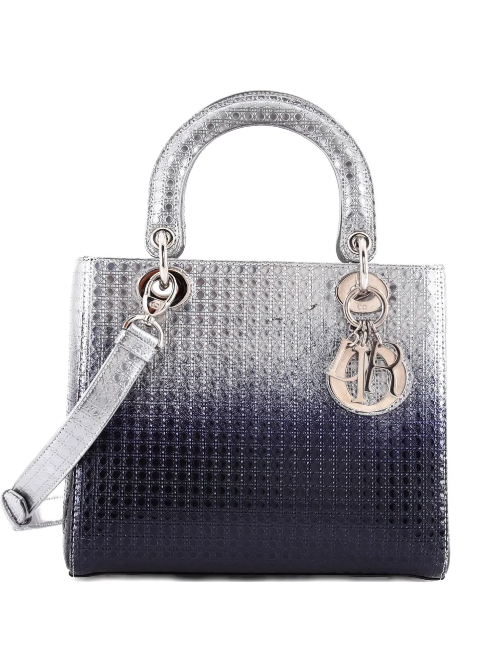 Pre-owned Dior Lady  Bag Micro Cannage Ombre Metallic Calfskin Medium Satchel In Blue