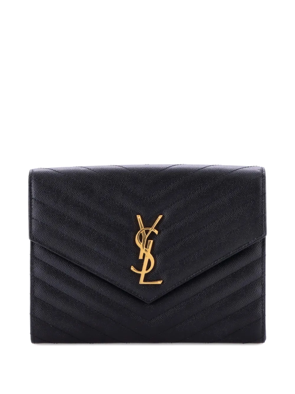 Pre-owned Saint Laurent Classic Monogram Envelope Wristlet Matelasse Chevron Leather Clutch Bag In Black