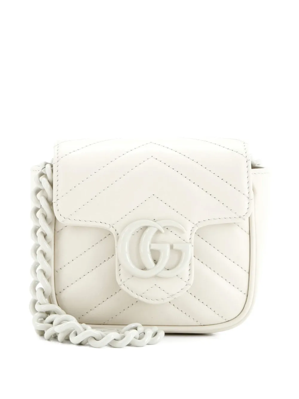 Pre-owned Gucci Gg Marmont Flap Matelasse Leather Mini Belt Bag In White