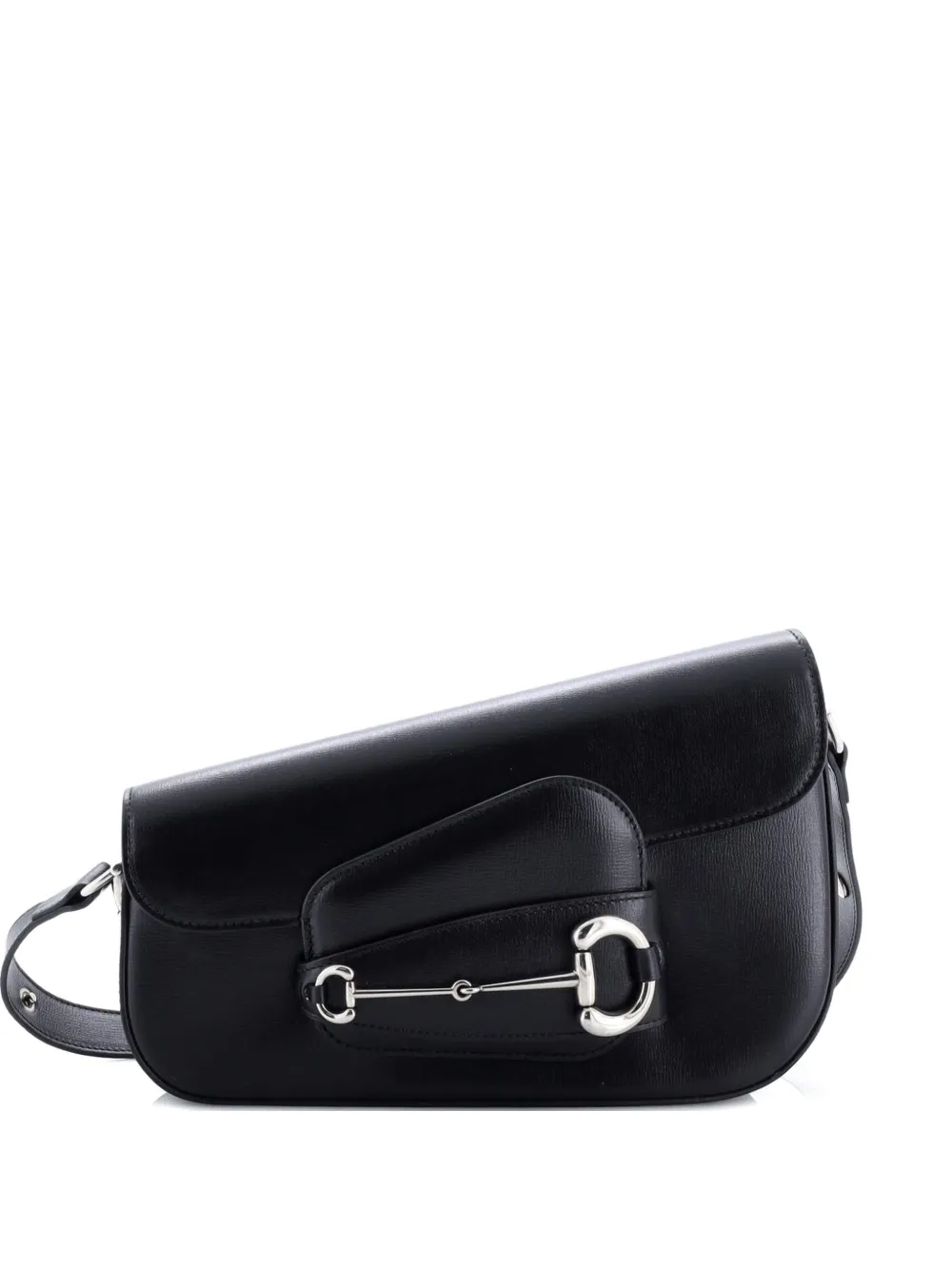 Pre-owned Gucci Horsebit 1955 Asymmetric Leather Small Shoulder Bag In Black