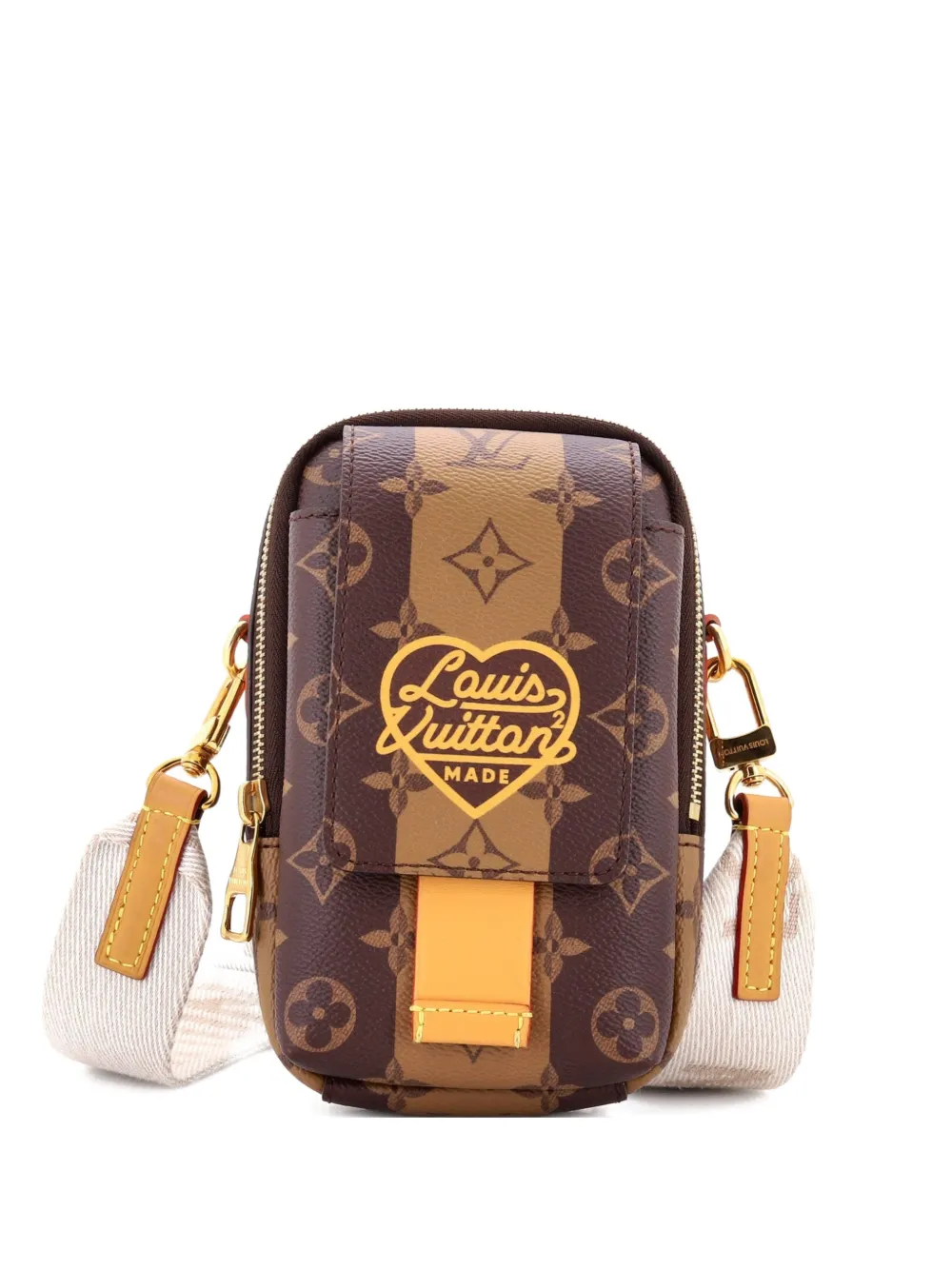 Pre-owned Louis Vuitton Nigo Flap Double Phone Pouch Limited Edition Stripes Monogram Canvas Crossbody Bag In Brown
