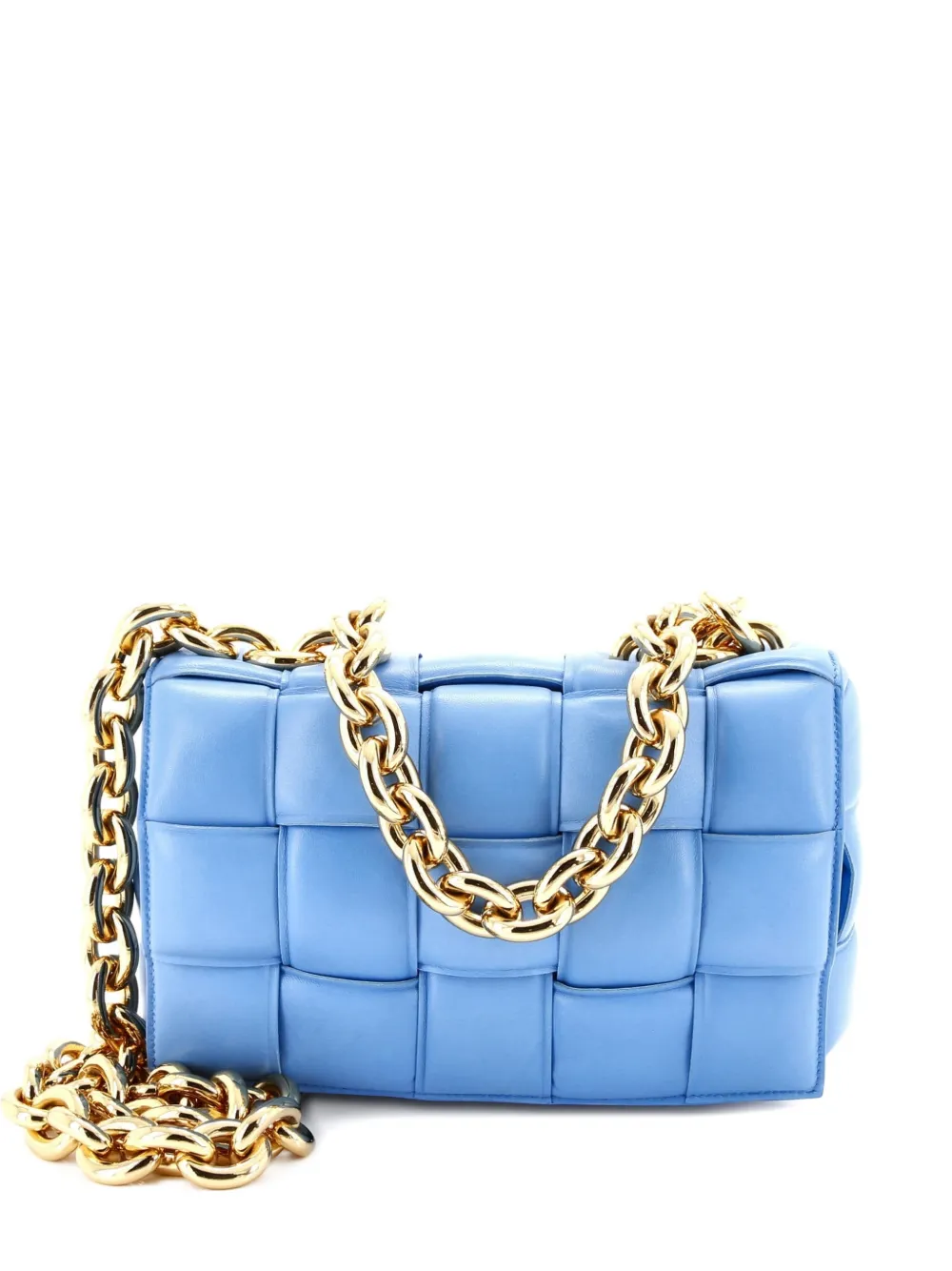 Pre-owned Bottega Veneta Cassette Chain Padded Maxi Intrecciato Leather Crossbody Bag In Blue
