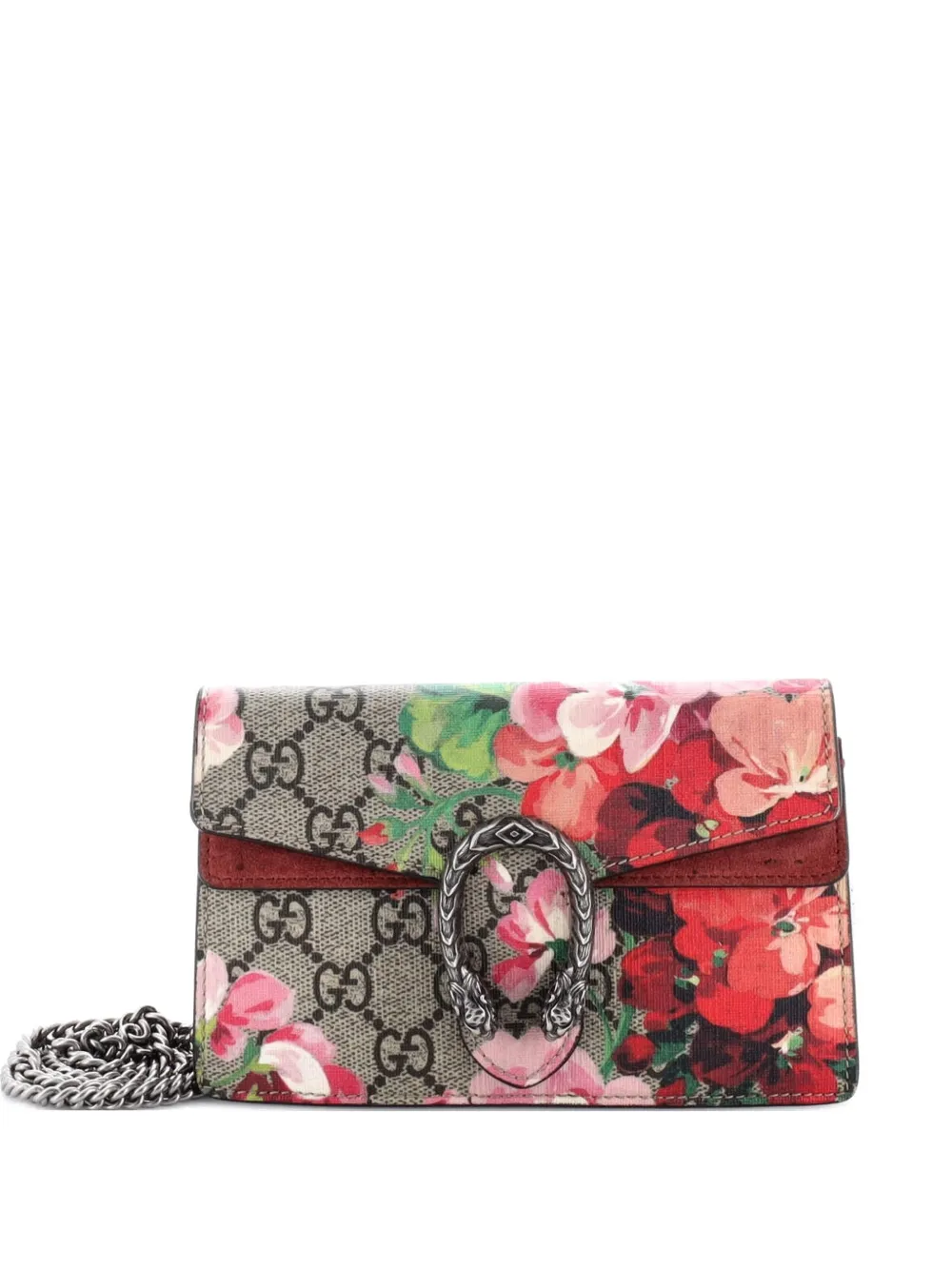 Pre-owned Gucci Dionysus Bag Blooms Print Gg Coated Canvas Super Mini Crossbody Bag In Brown