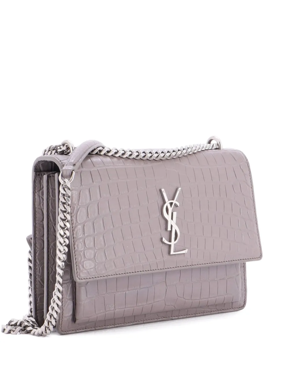 Pre-owned Saint Laurent Sunset Crocodile Embossed Leather Medium Crossbody Bag In Gray