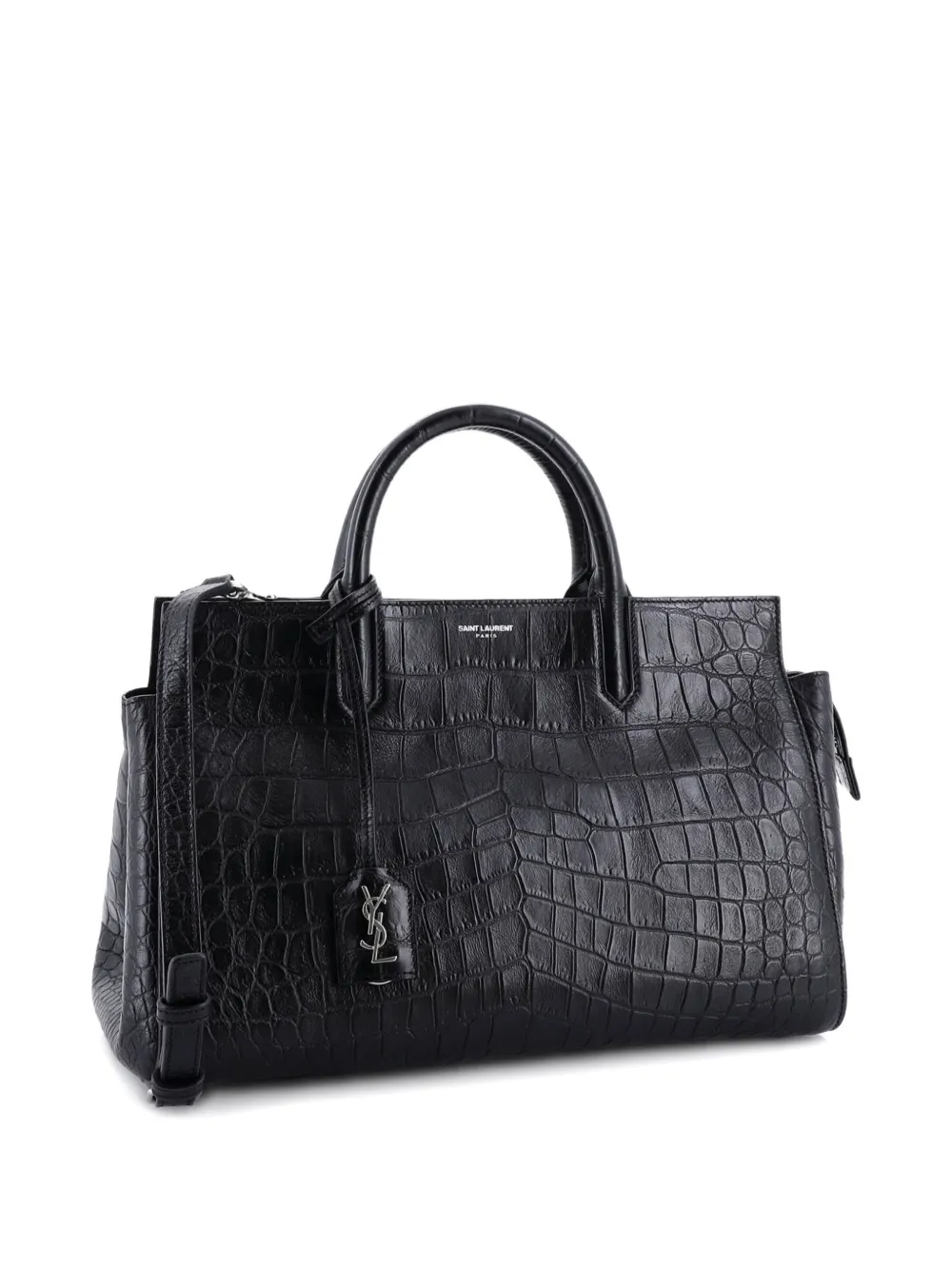 Pre-owned Saint Laurent Rive Gauche Cabas Crocodile Embossed Leather Small Satchel In Black
