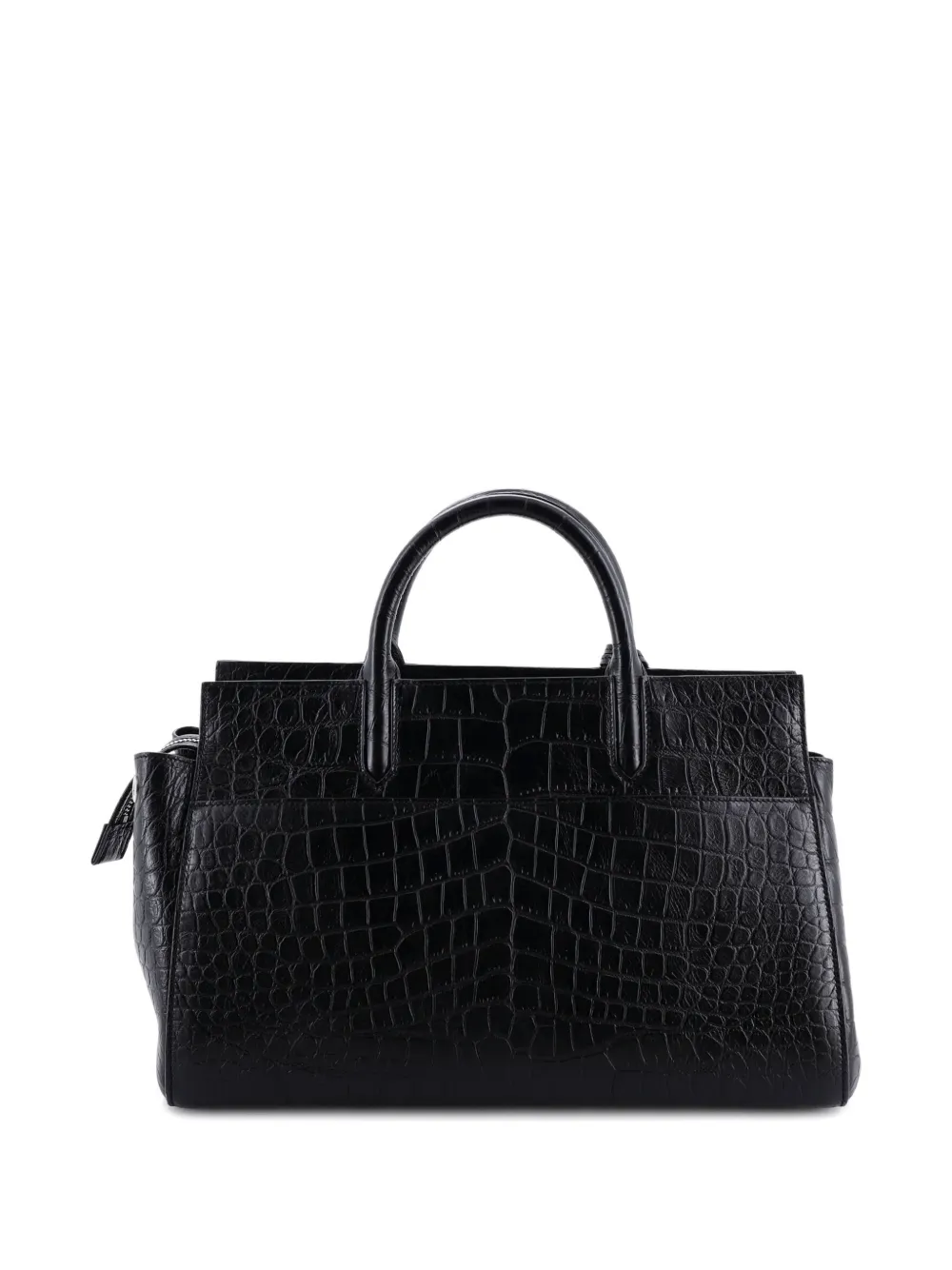 Pre-owned Saint Laurent Rive Gauche Cabas Crocodile Embossed Leather Small Satchel In Black