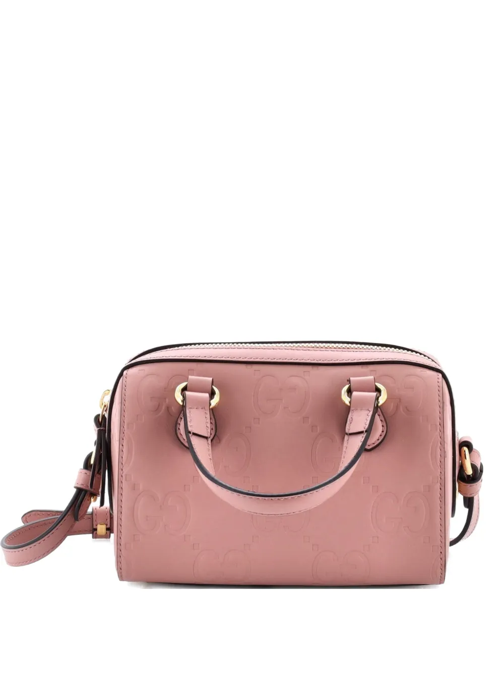 Pre-owned Gucci Convertible Top Handle Bag Jumbo Gg Embossed Leather Mini Satchel In Pink