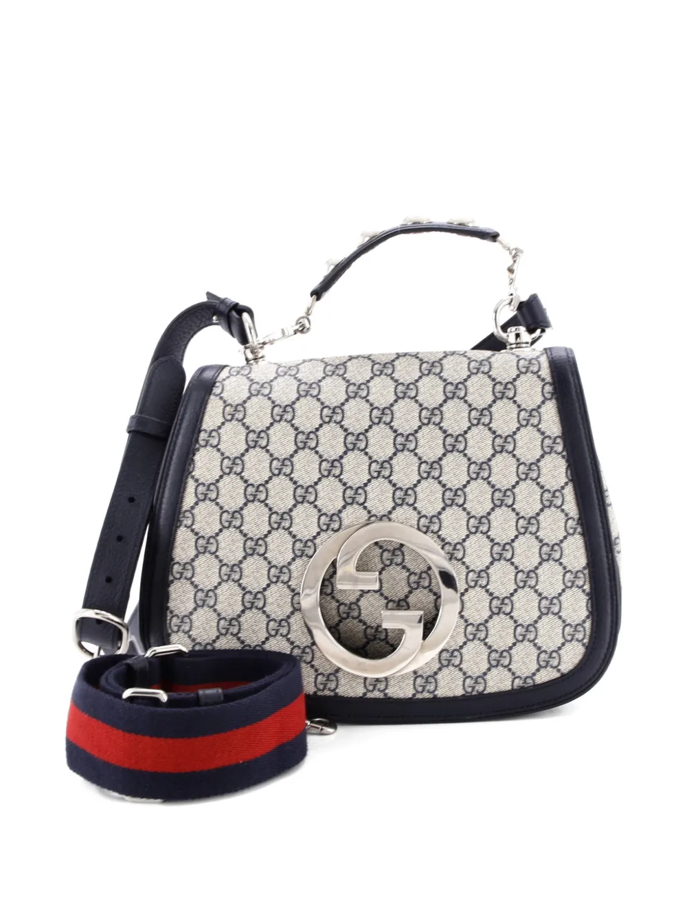 Pre-owned Gucci Blondie Nm Top Handle Bag Gg Coated Canvas Medium Satchel In Blue