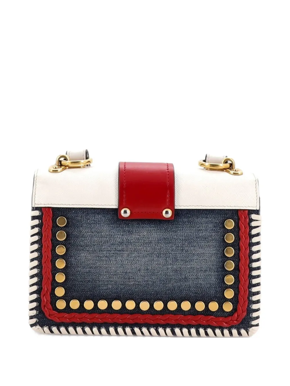 PRADA Pre-owned Cahier Embellished Denim And Leather Small Crossbody Bag In Multi