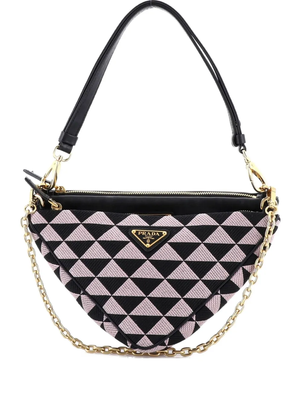 Pre-owned Prada Double Symbole Triangle Bag Leather And Jacquard Mini Shoulder Bag In Black