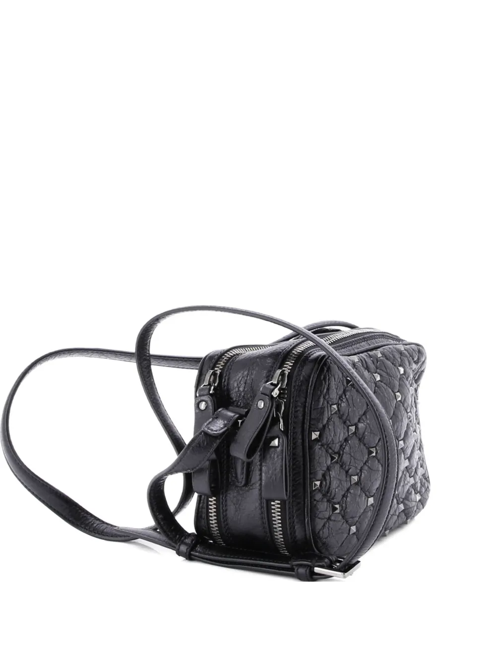 Pre-owned Valentino Garavani Rockstud Double Zip Camera Bag Quilted Crackled Leather Crossbody Bag In Black