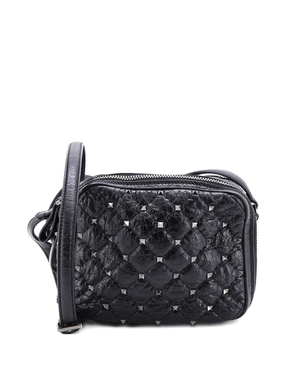 Valentino Garavani Pre-Owned Rockstud Double Zip Camera Bag Quilted Crackled Leather crossbody bag - Nero