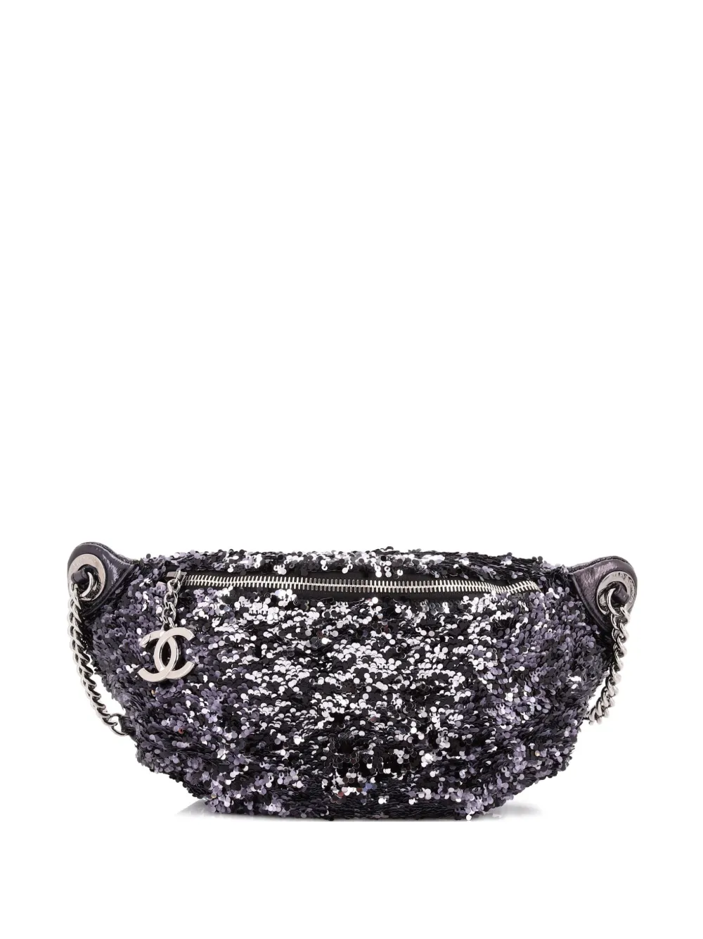 Pre-owned Chanel Cc Charm Zip Waist Bag Sequins And Quilted Lambskin Belt Bag In Black