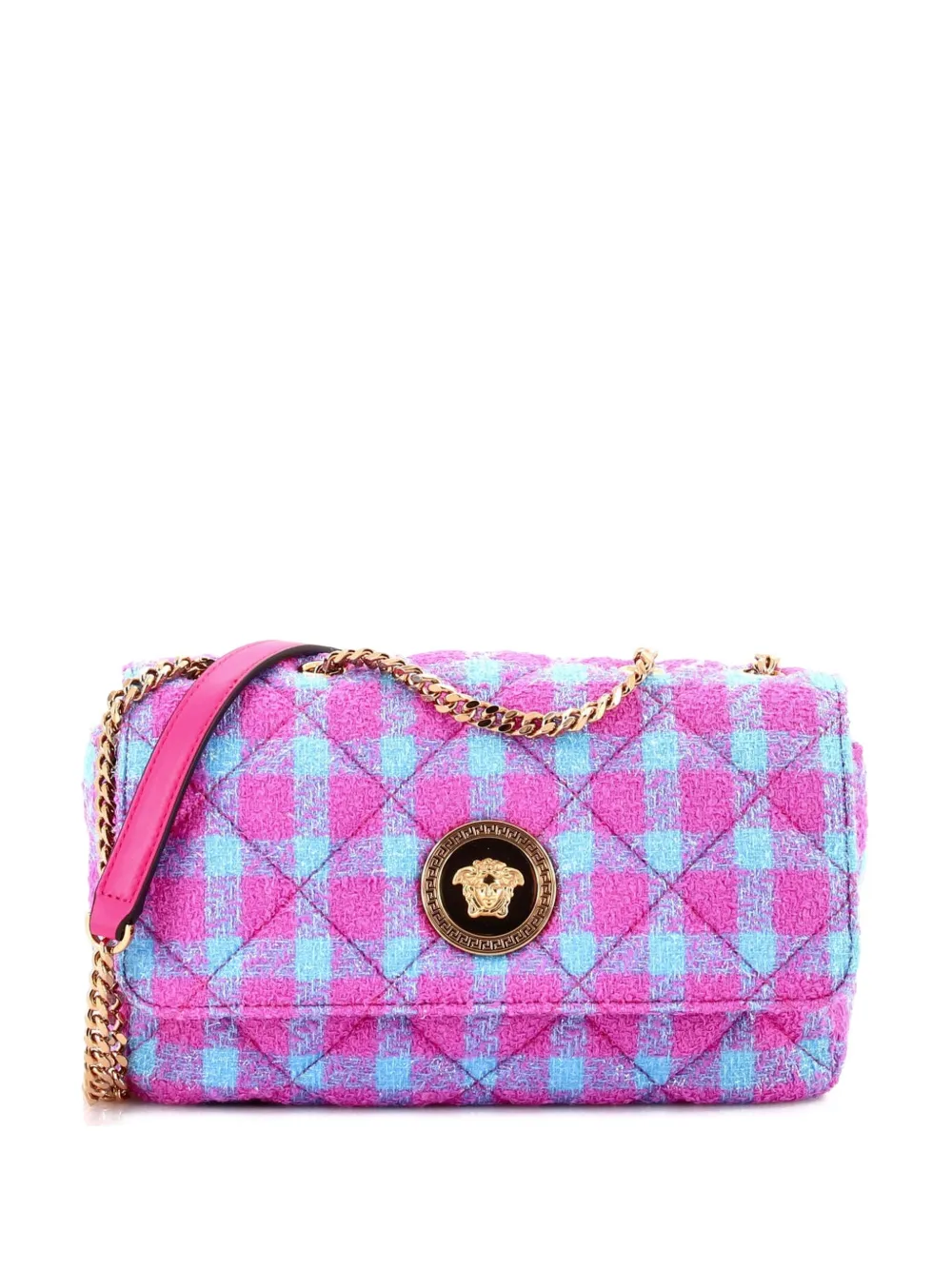 Pre-owned Versace Medusa Icon Chain Flap Bag Quilted Tweed Mini Shoulder Bag In Blue