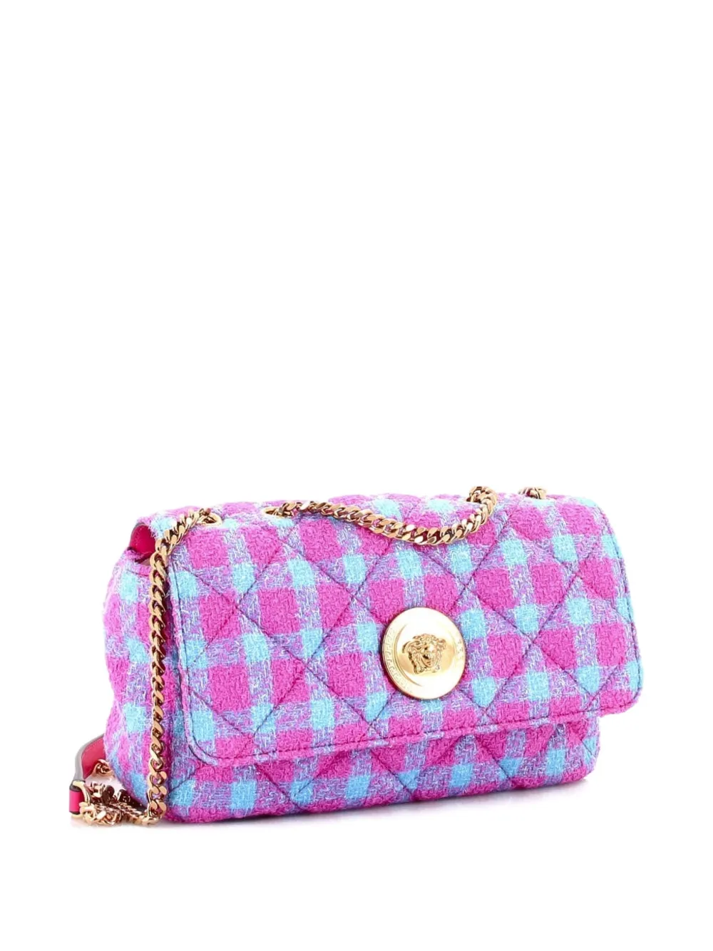 VERSACE Pre-owned Medusa Icon Chain Flap Bag Quilted Tweed Mini Shoulder Bag In Blue