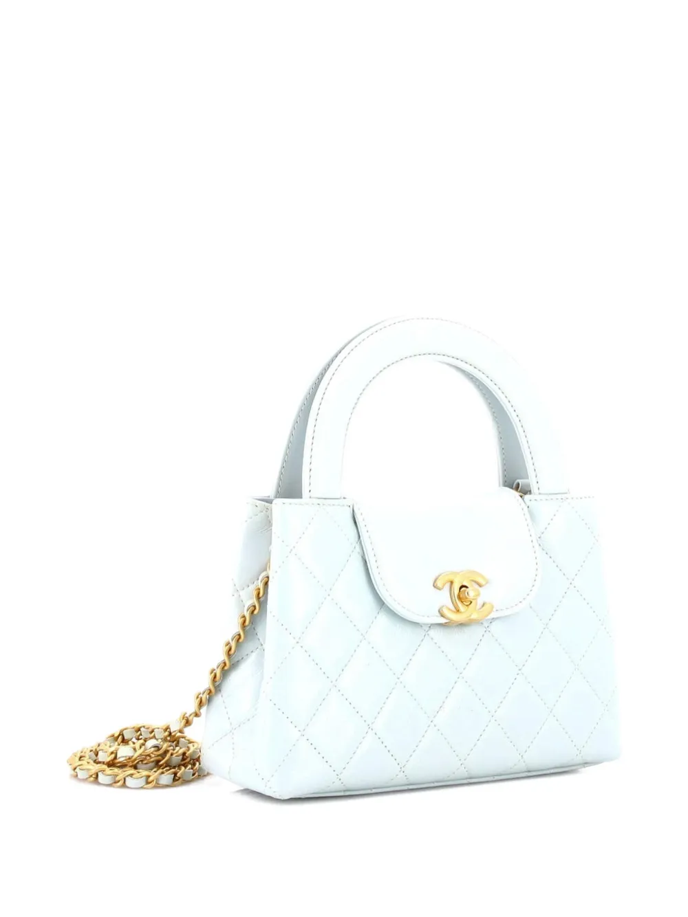 Pre-owned Chanel Kelly Top Handle Shopping Bag Quilted Shiny Aged Calfskin Mini Satchel In Blue