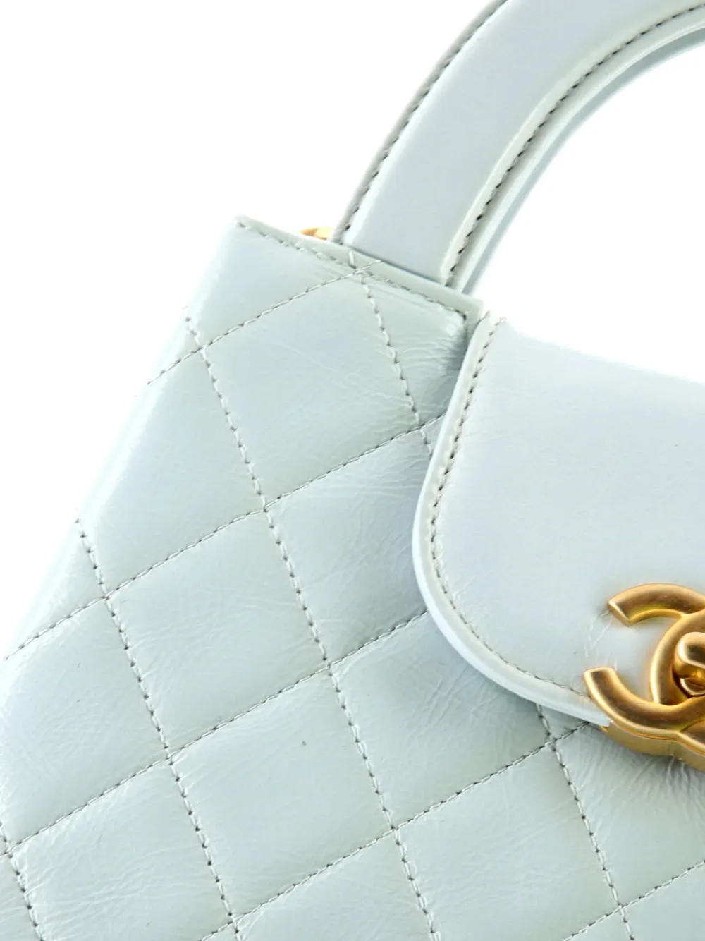 Pre-owned Chanel Kelly Top Handle Shopping Bag Quilted Shiny Aged Calfskin Mini Satchel In Blue