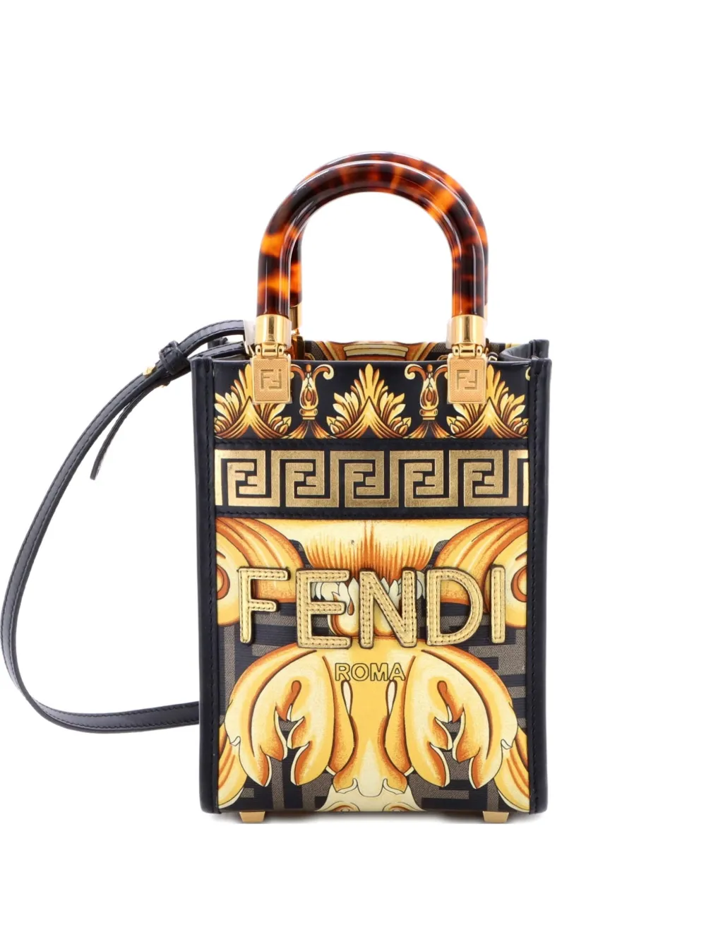 Pre-owned Fendi X Versace Fendace Convertible Sunshine Shopper Tote Printed Laminated Leather Mini Crossbody Bag In Black