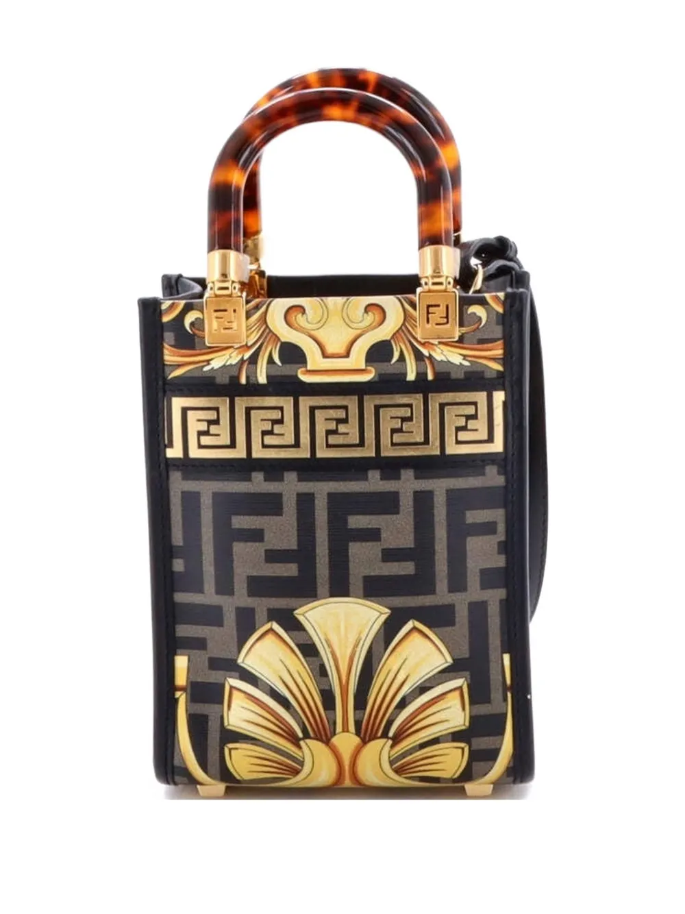Pre-owned Fendi X Versace Fendace Convertible Sunshine Shopper Tote Printed Laminated Leather Mini Crossbody Bag In Black