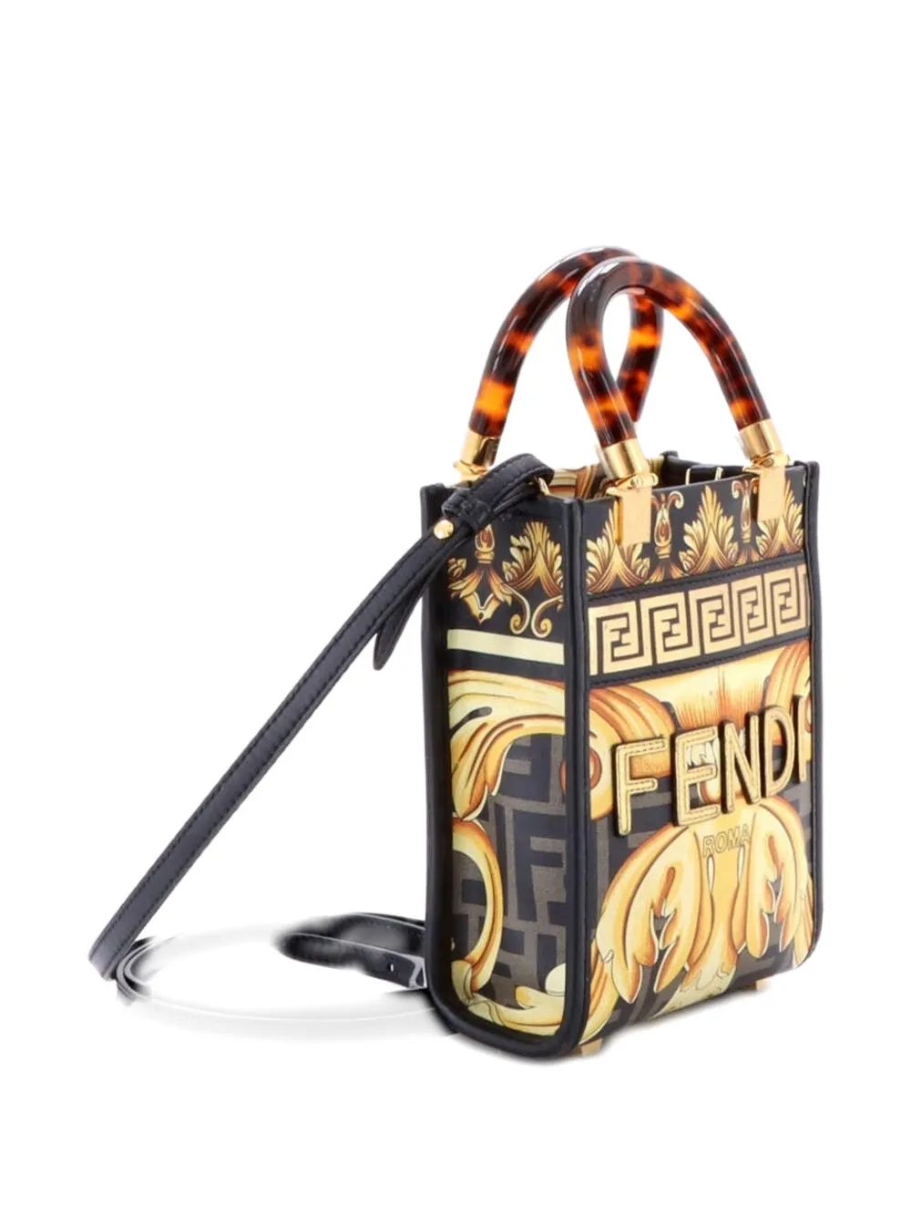 Pre-owned Fendi X Versace Fendace Convertible Sunshine Shopper Tote Printed Laminated Leather Mini Crossbody Bag In Black