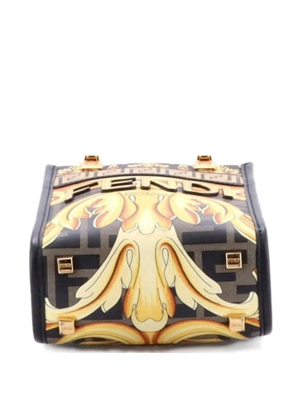 Pre-owned Fendi X Versace Fendace Convertible Sunshine Shopper Tote Printed Laminated Leather Mini Crossbody Bag In Black