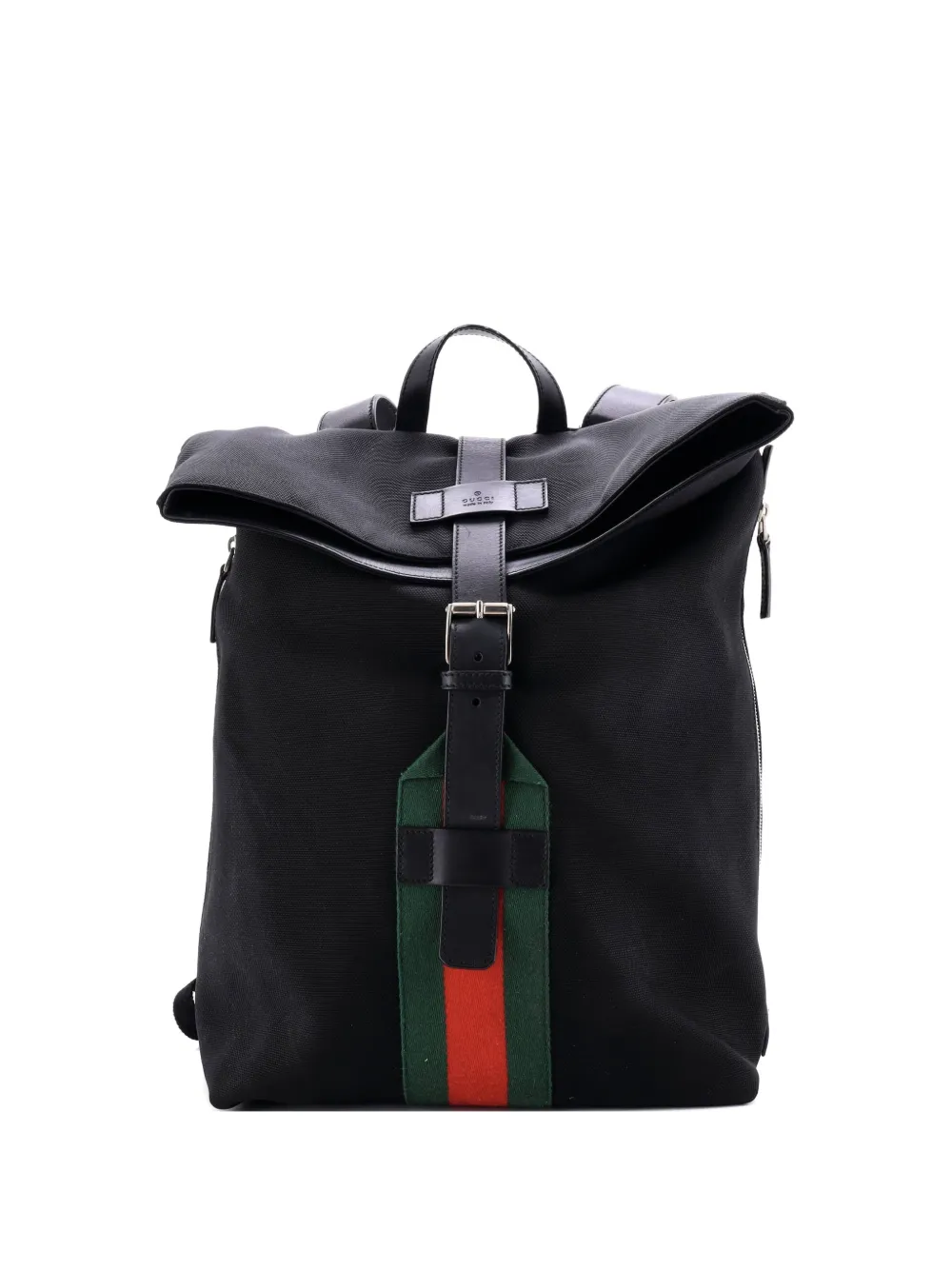Pre-owned Gucci Web Fold Over Techno Canvas Medium Backpack In Black
