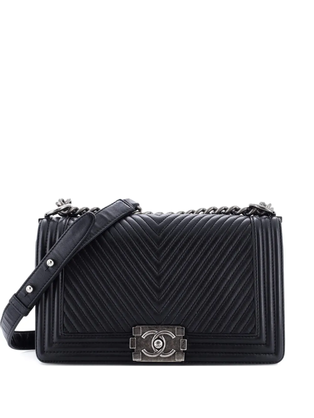 Pre-owned Chanel Boy Flap Bag Chevron Wrinkled Lambskin Old Medium Shoulder Bag In Black