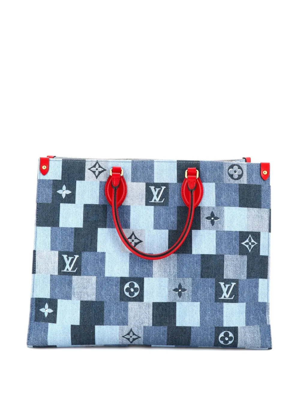 Pre-owned Louis Vuitton Onthego Damier And Monogram Patchwork Denim Gm Tote Bag In Blue