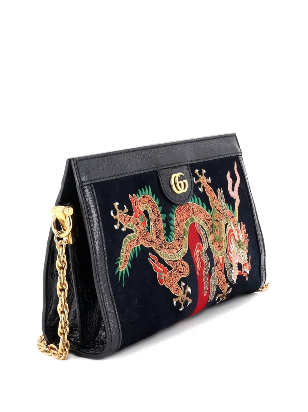 Pre-owned Gucci Ophidia Chain Embroidered Suede Small Shoulder Bag In Black