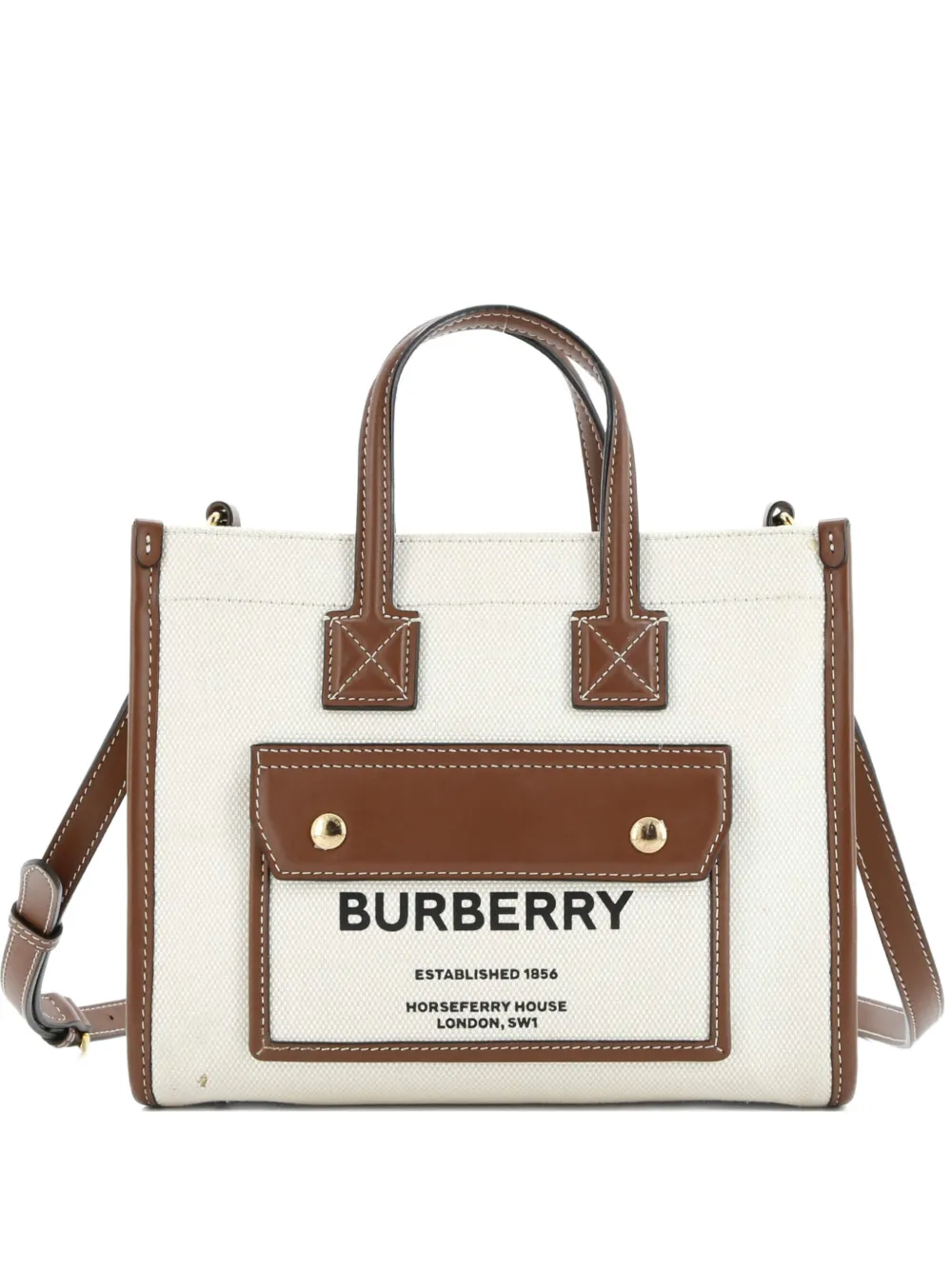 Pre-owned Burberry Freya Shopping Tote Canvas With Leather Mini Shoulder Bag In Neutral