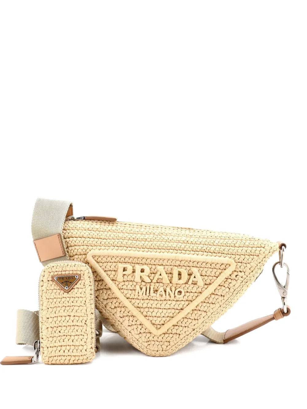 Pre-owned Prada Triangle Logo Zip Crochet Raffia Small Crossbody Bag In Neutral