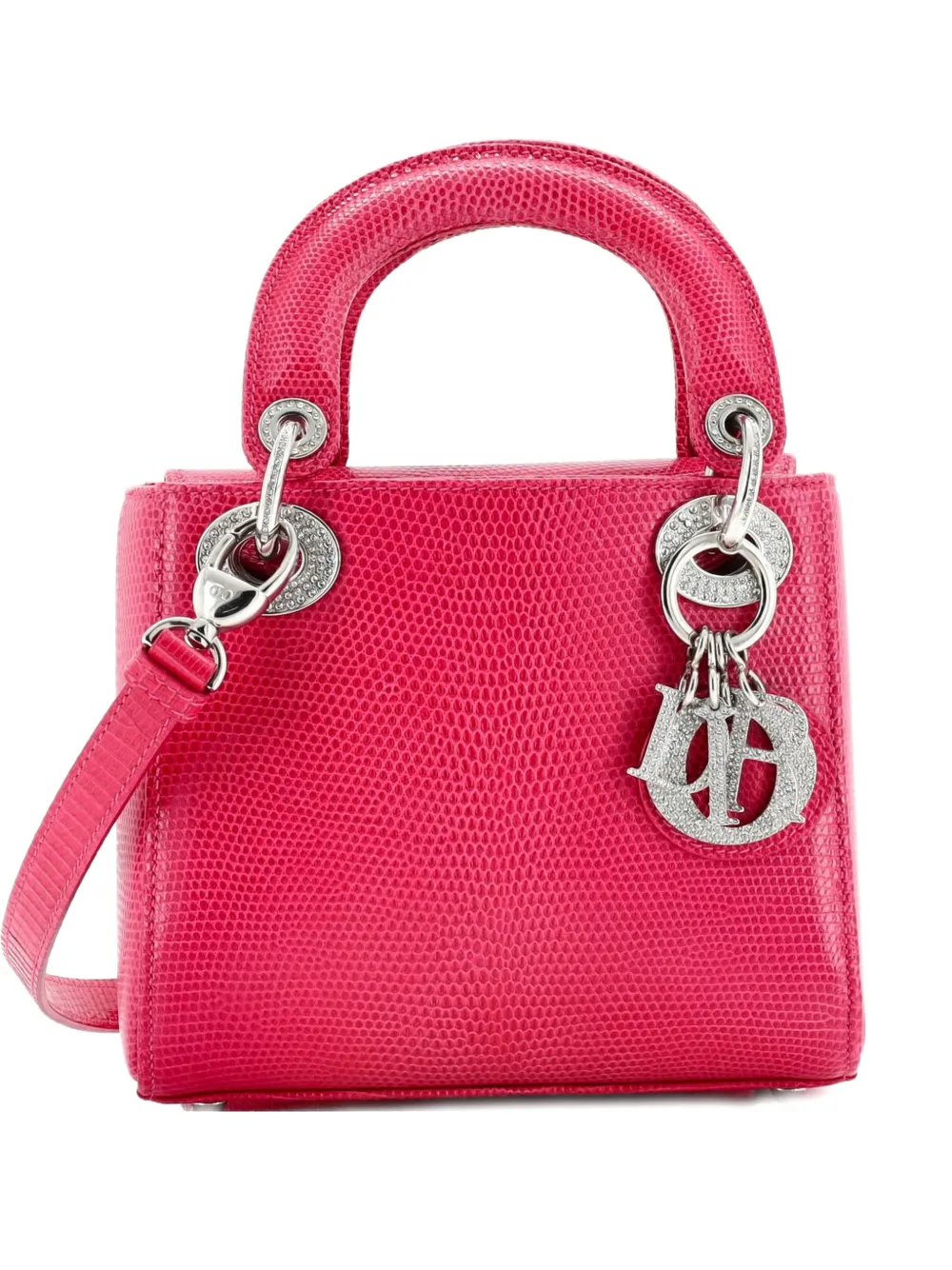 Pre-owned Dior Lady  Bag Lizard With Crystal Charms Mini Satchel In Pink