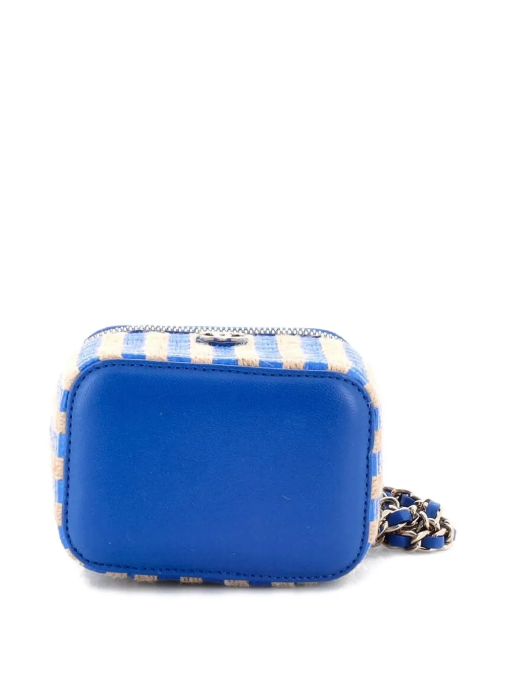 Pre-owned Chanel Classic Vanity Case With Chain Striped Raffia And Jute Mini Crossbody Bag In Blue