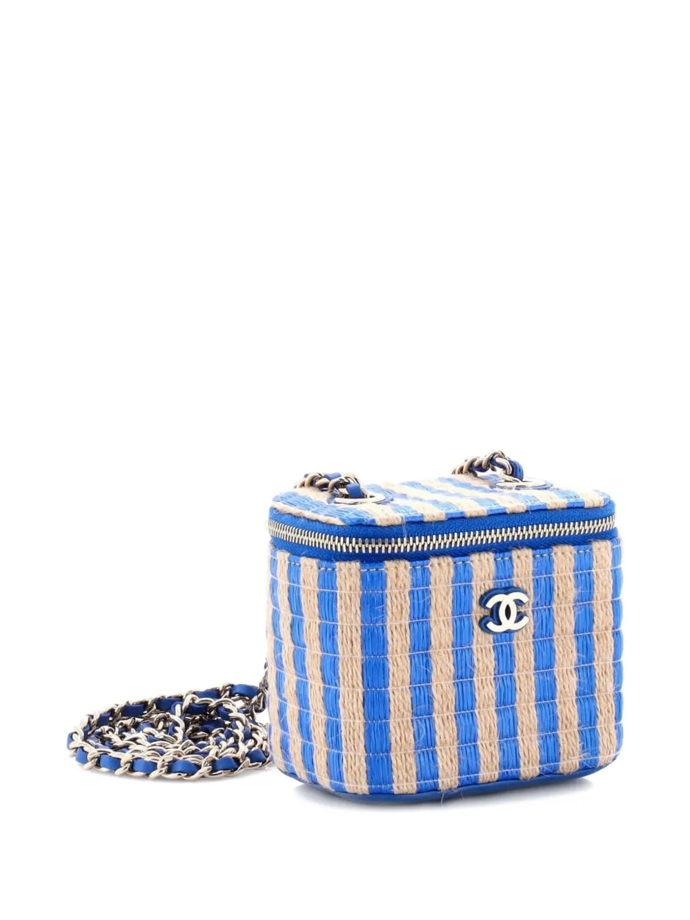Pre-owned Chanel Classic Vanity Case With Chain Striped Raffia And Jute Mini Crossbody Bag In Blue