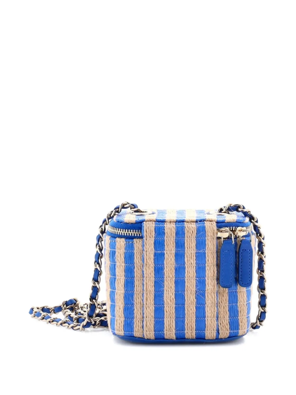Pre-owned Chanel Classic Vanity Case With Chain Striped Raffia And Jute Mini Crossbody Bag In Blue