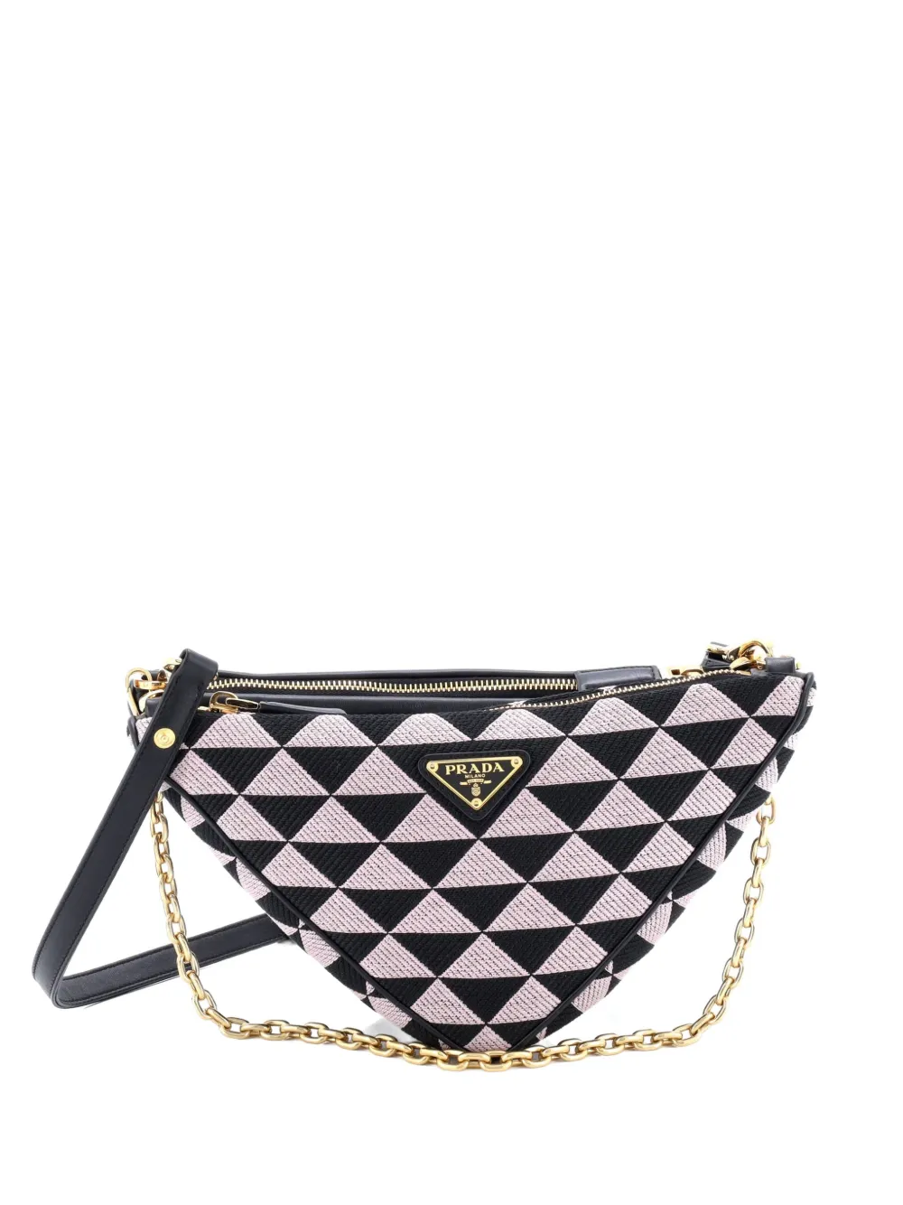 Pre-owned Prada Double Symbole Triangle Bag Leather And Jacquard Mini Shoulder Bag In Black