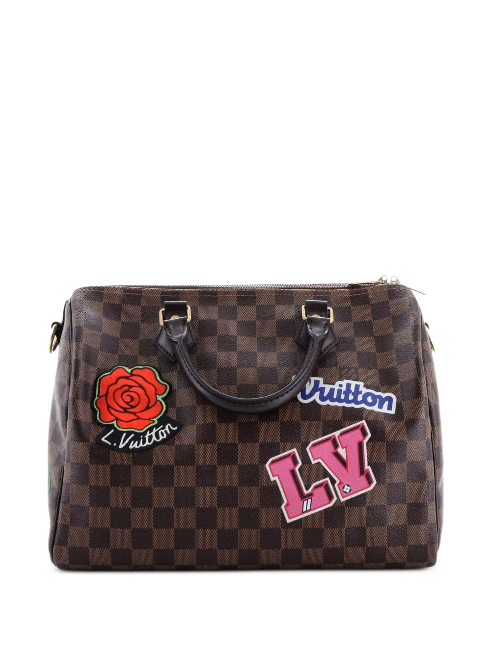 Pre-owned Louis Vuitton Speedy Bandouliere Bag Limited Edition Patches Damier 30 Satchel In Brown