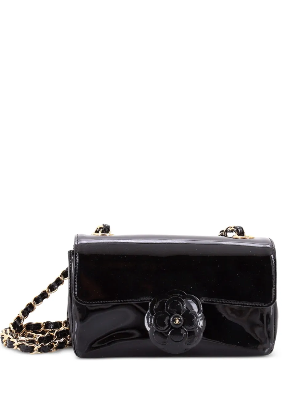 Pre-owned Chanel Camellia Flap Bag Patent Mini Shoulder Bag In Black