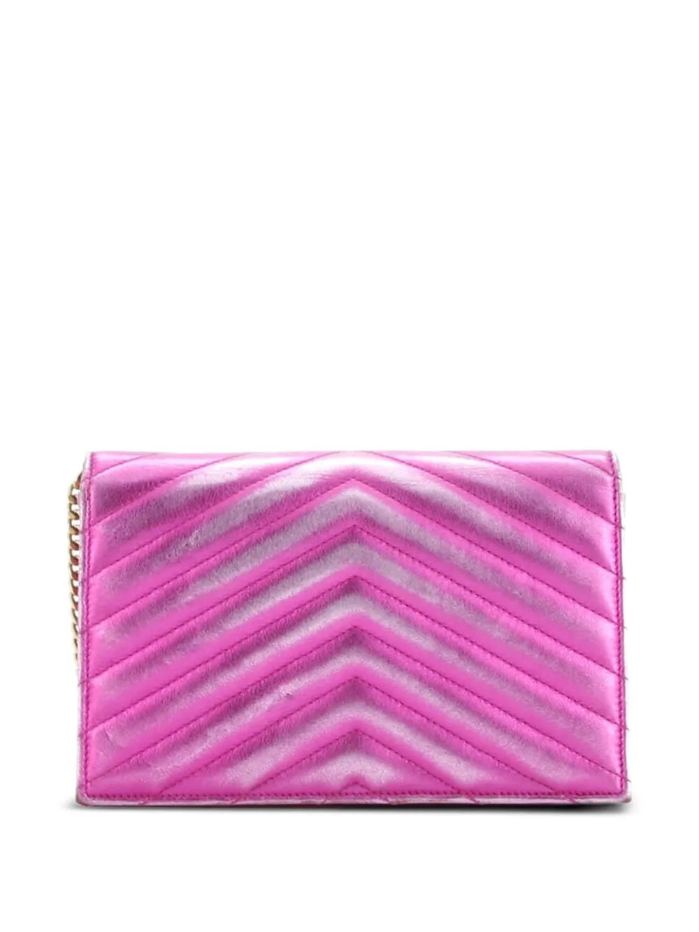 Pre-owned Saint Laurent Classic Monogram Wallet On Chain Matelasse Chevron Metallic Leather Small Crossbody Bag In Pink
