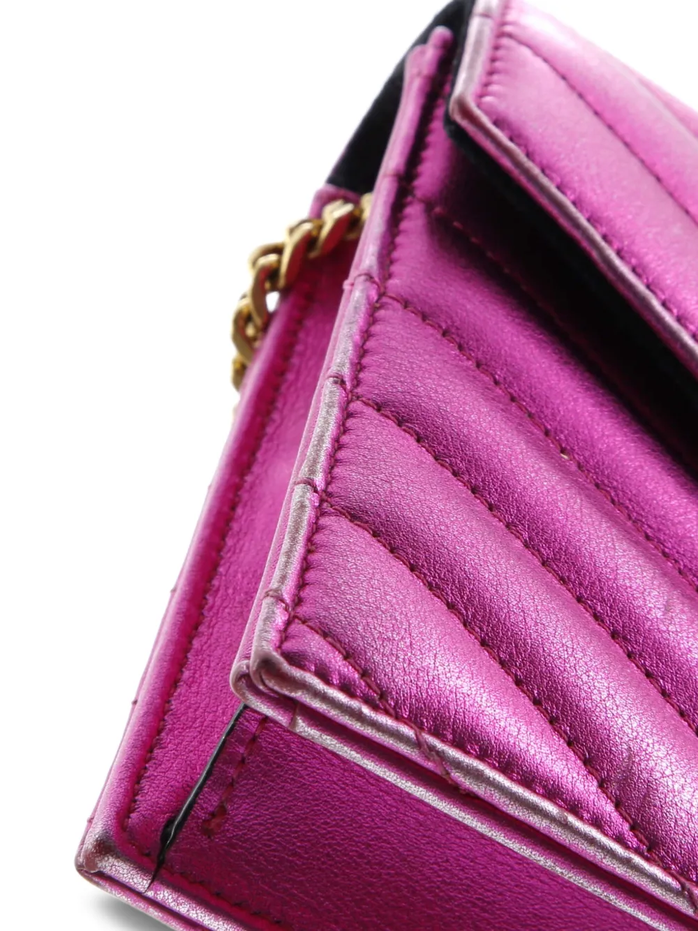 Pre-owned Saint Laurent Classic Monogram Wallet On Chain Matelasse Chevron Metallic Leather Small Crossbody Bag In Pink