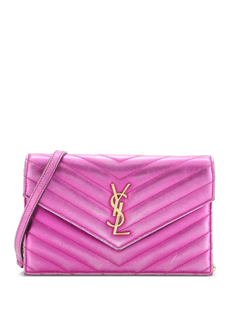 Saint Laurent Pre-Owned Classic Monogram Wallet on Chain Matelasse Chevron Metallic Leather Small crossbody bag - Rosa