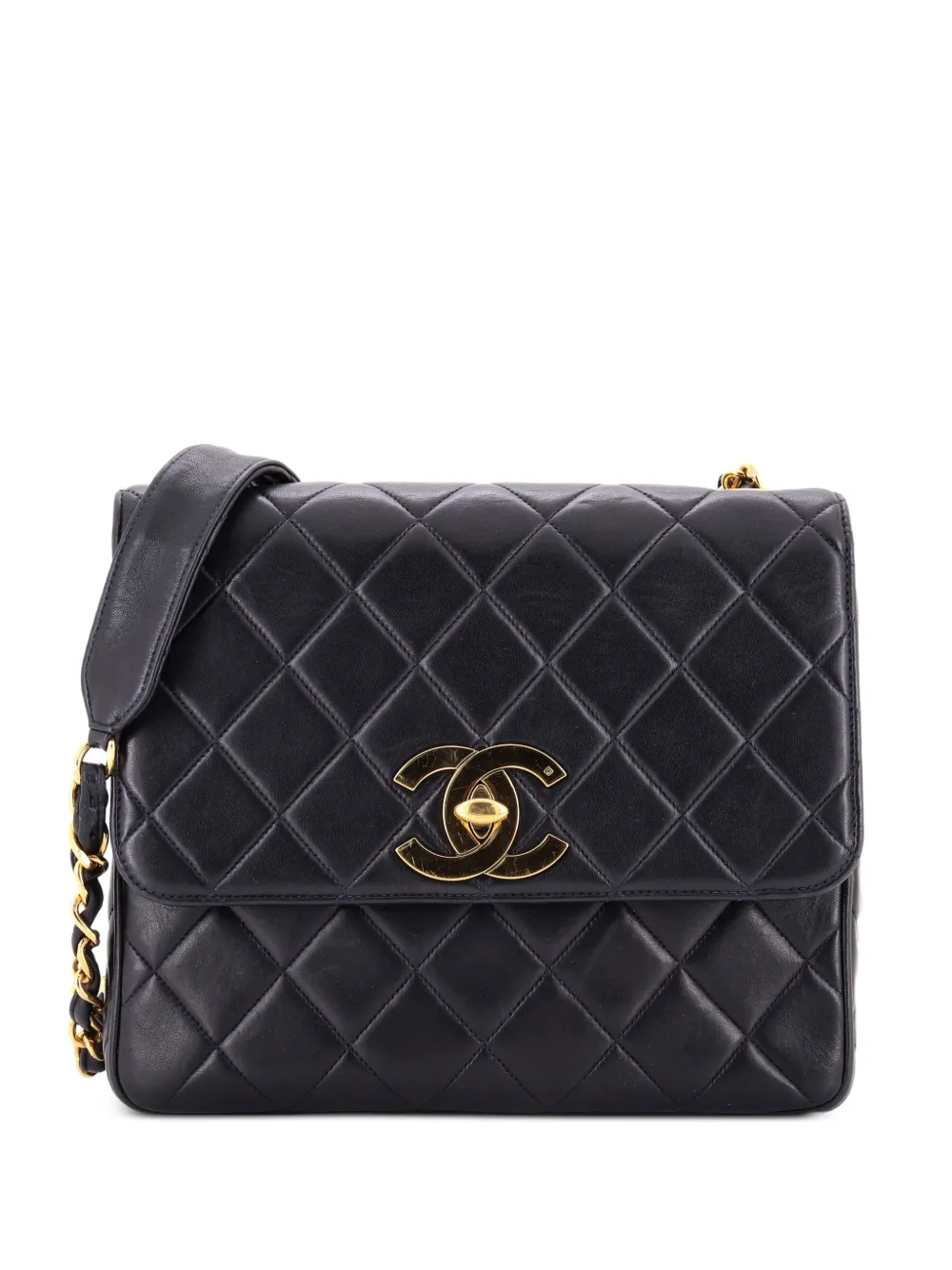 Pre-owned Chanel Square Cc Flap Bag Quilted Lambskin Medium Shoulder Bag In Black