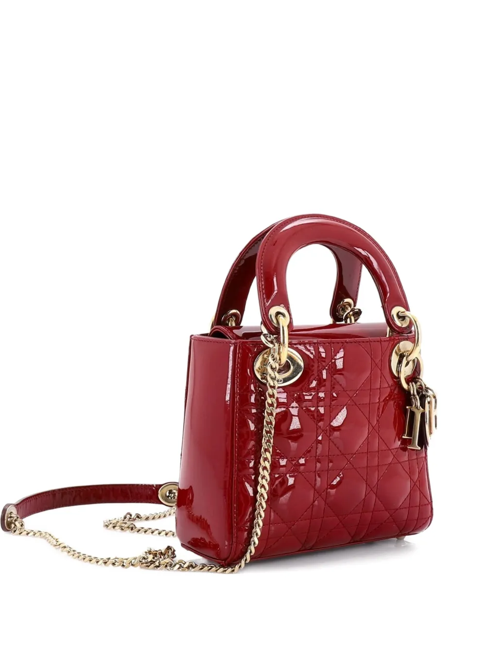 Pre-owned Dior Lady Bag Cannage Quilt Patent Mini Satchel In Red